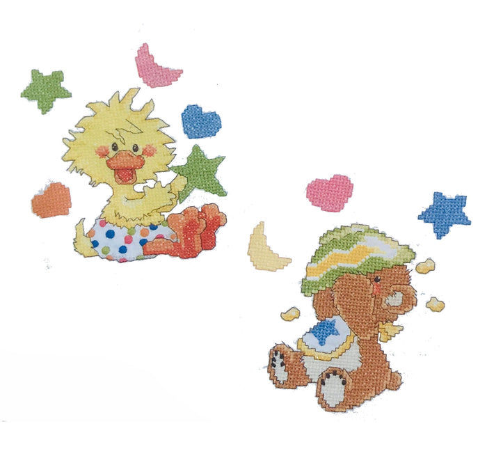 Vintage Little Suzy's Zoo Stamped Cross Stitch Kit or PDF Pattern Chart Instructions Keepsake Baby Bibs Witzy Yellow Duck & Boof Brown Bear 2-Pack