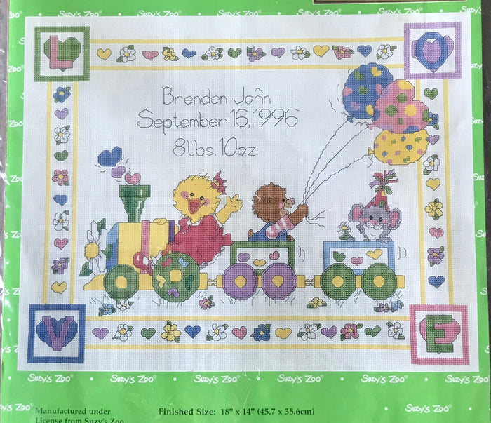 Vintage Suzy's Zoo Baby Animals with Balloons Train Ride Counted Cross Stitch PDF Chart Pattern Instructions Keepsake Baby Birth Announcement Sampler Janlynn 1996