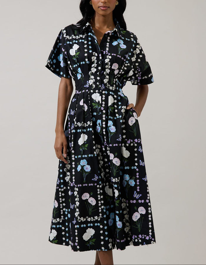 Wilderra Trevis Floral pleated midi shirt dress in black pastel, front view with collar and short sleeves