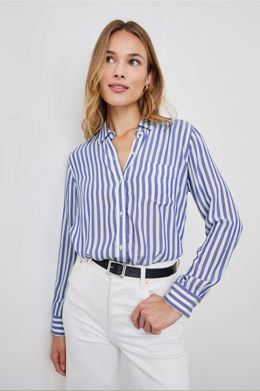 Wren Long-Sleeve Button Up with Chest Patch Pocket in Blue White Colorway, vertical stripes - Front Tucked View Featured on Model